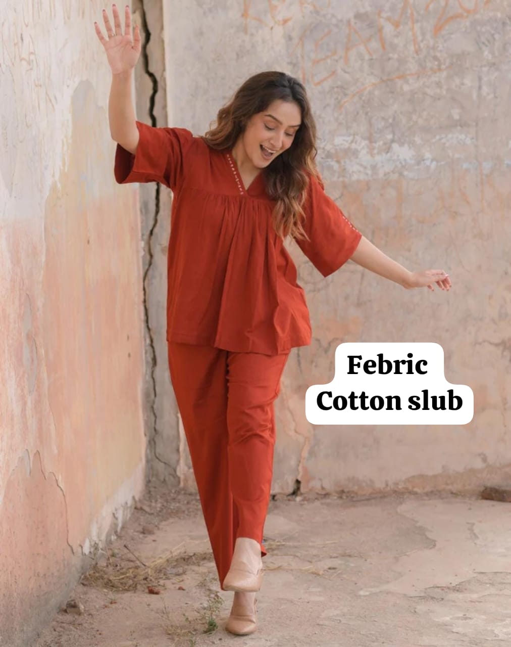 Women’s Rust Red Cotton Slub Co-ord Set