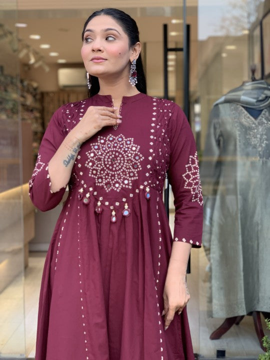 Women’s Maroon Embroidered Kurta Pant Set with Dupatta