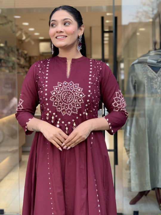 Women’s Maroon Embroidered Kurta Pant Set with Dupatta