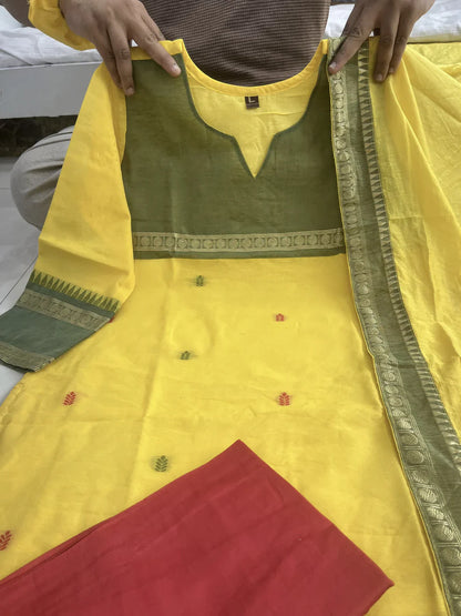 Elegant Kanchi Cotton Suit Set With Jacquard Dupatta