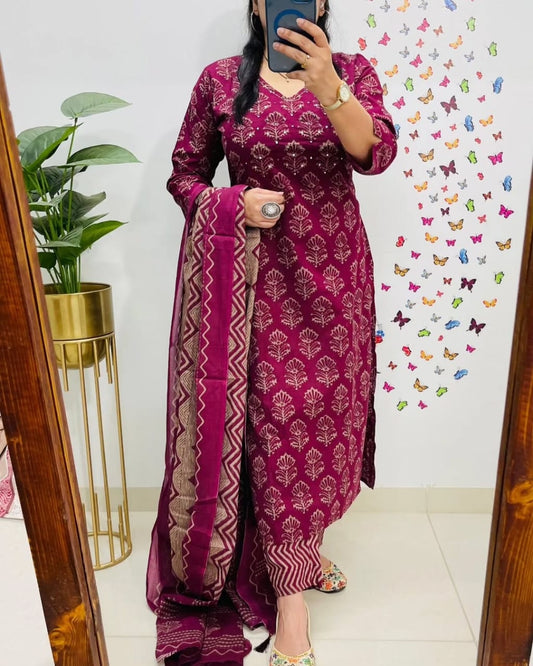 Wine Kalamkari Designer Suit with Fusion Azrak Print Kurti Pant Dupatta Set