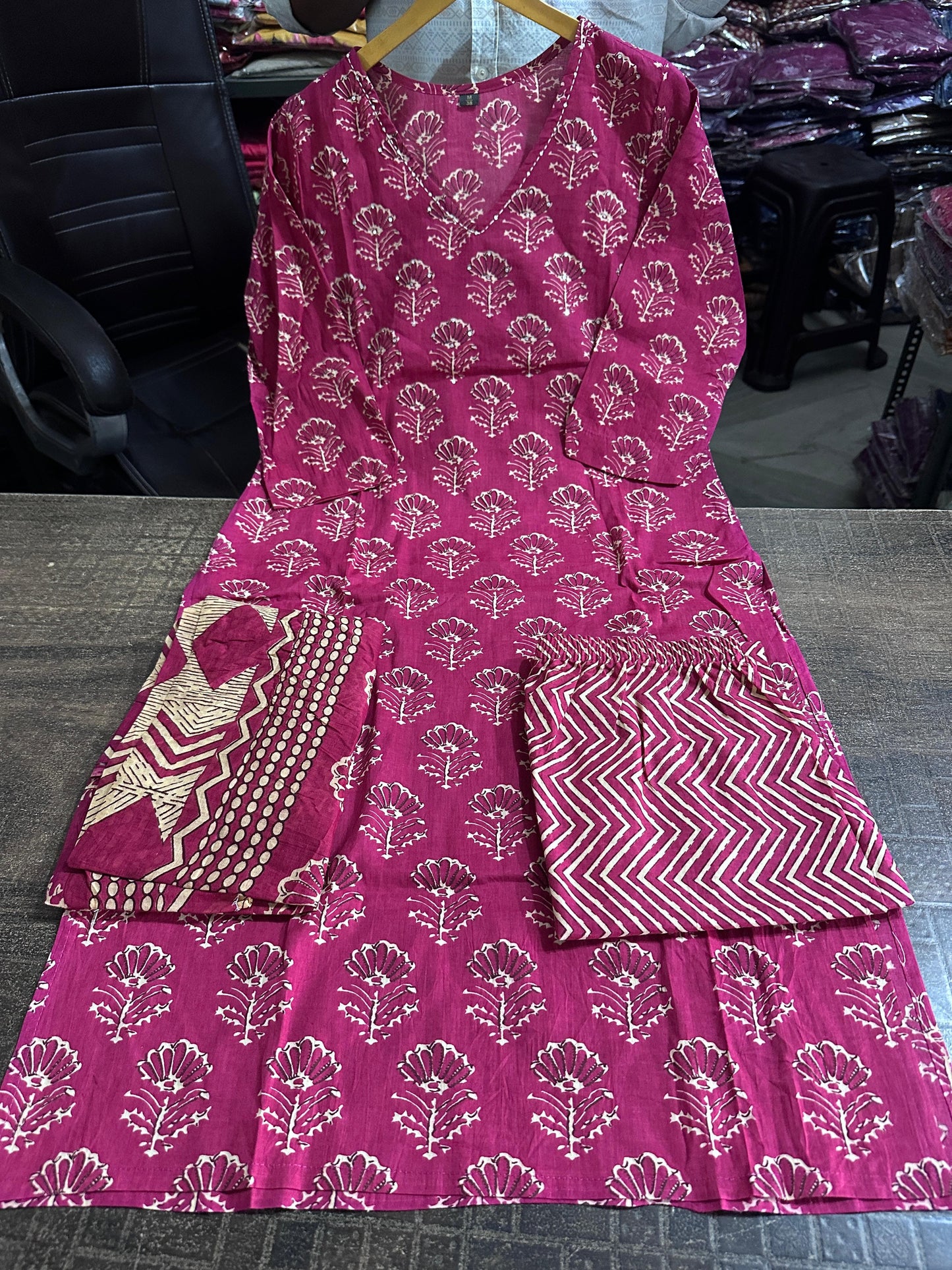 Wine Kalamkari Designer Suit with Fusion Azrak Print Kurti Pant Dupatta Set