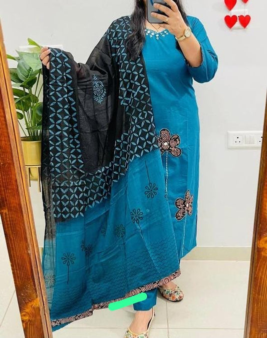 Blue Premium Dhabu Cotton Kurti Set with Applique Work & Cotton Dupatta