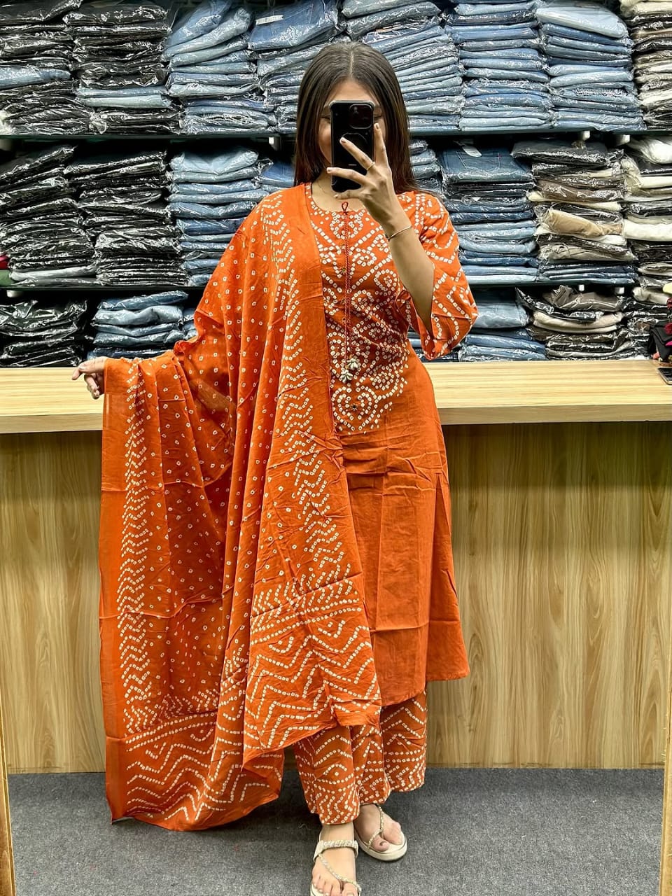 Bandhni Print Applique Codi Work Cotton Suit