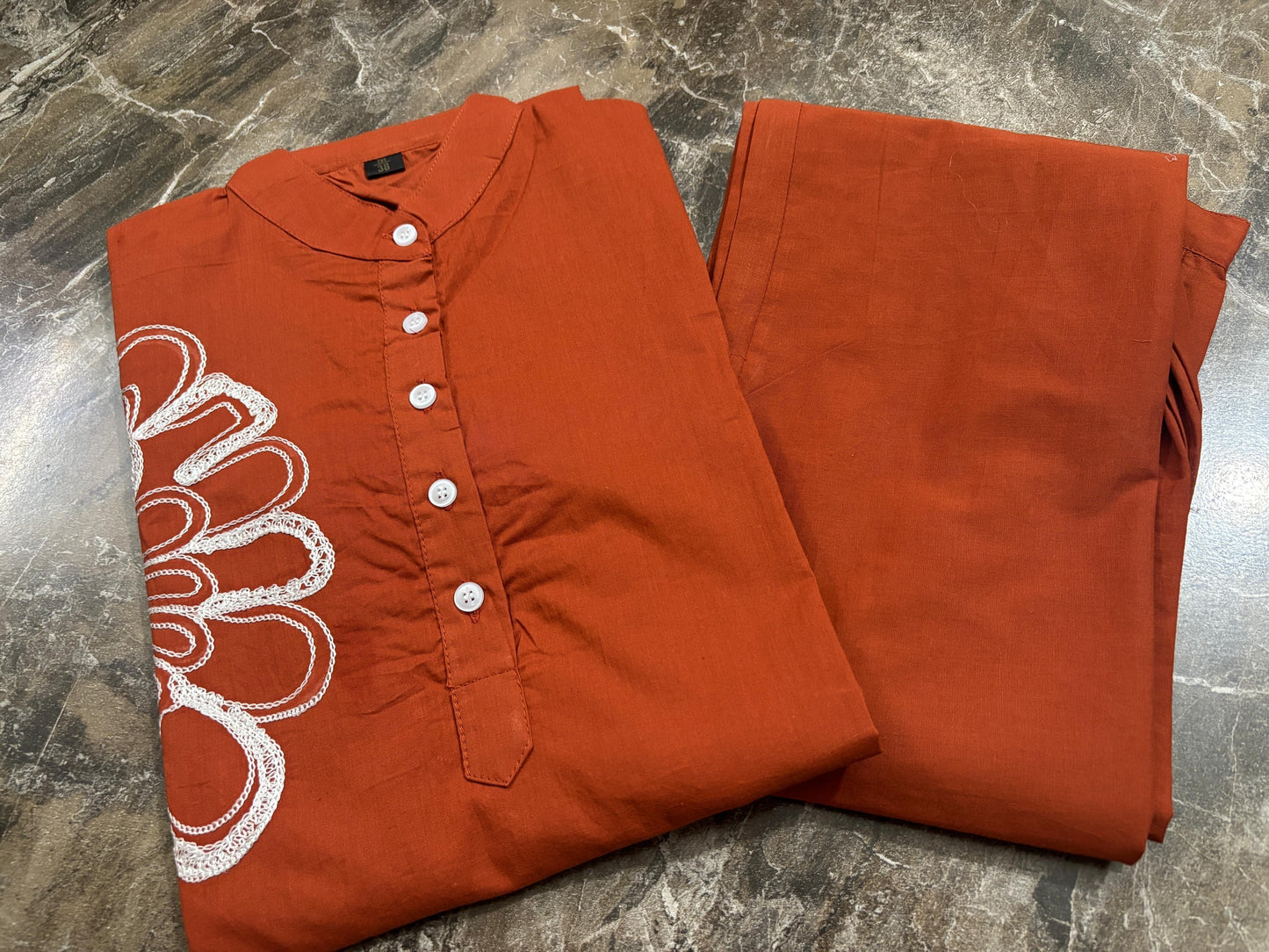 Orange Pure Cotton Kurta Pant Set with Embroidery Work