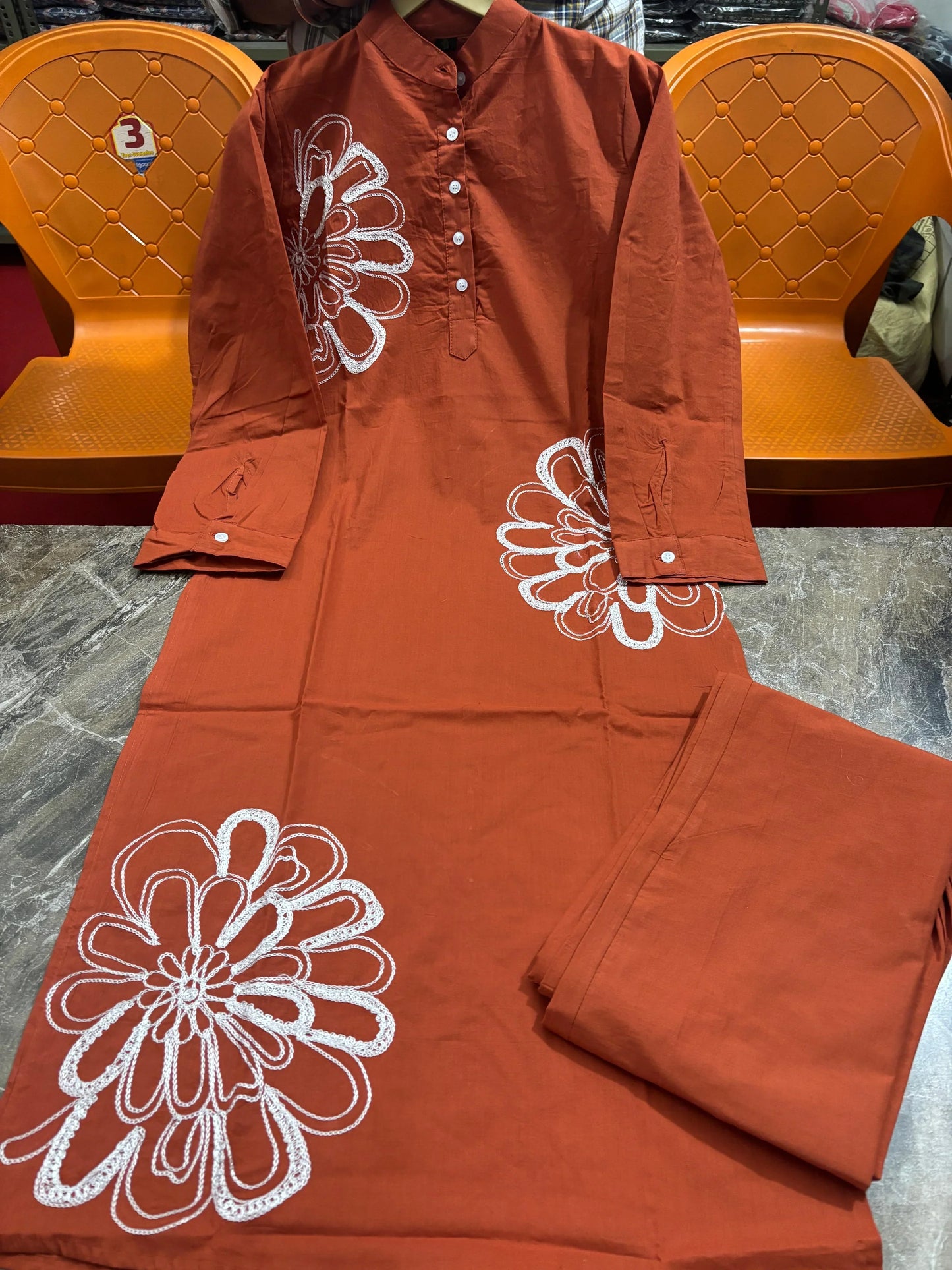 Orange Pure Cotton Kurta Pant Set with Embroidery Work