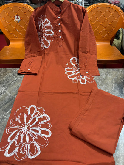 Orange Pure Cotton Kurta Pant Set with Embroidery Work