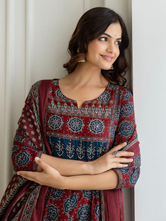 Maroon Printed Round Neck Tiered Pure Cotton Anarkali Kurta With Trousers & Dupatta